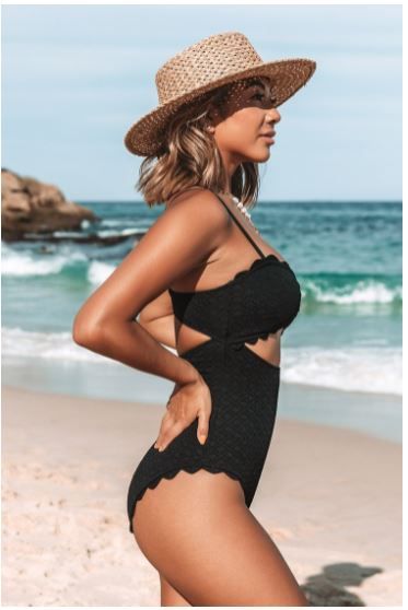 Photo 1 of Black Knotted Scalloped One Piece Swimsuit, Small