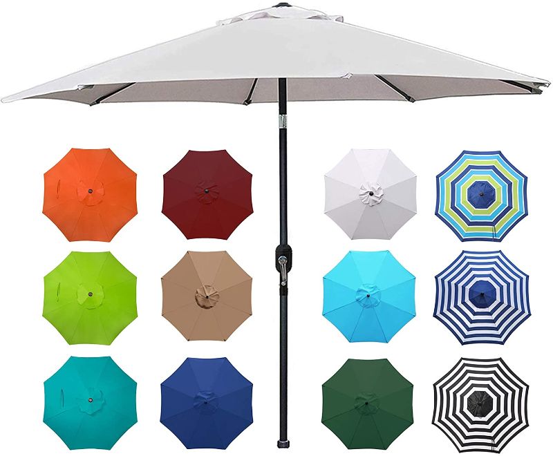 Photo 1 of Blissun 9' Outdoor Aluminum Patio Umbrella, Market Striped Umbrella with Push Button Tilt and Crank Grey