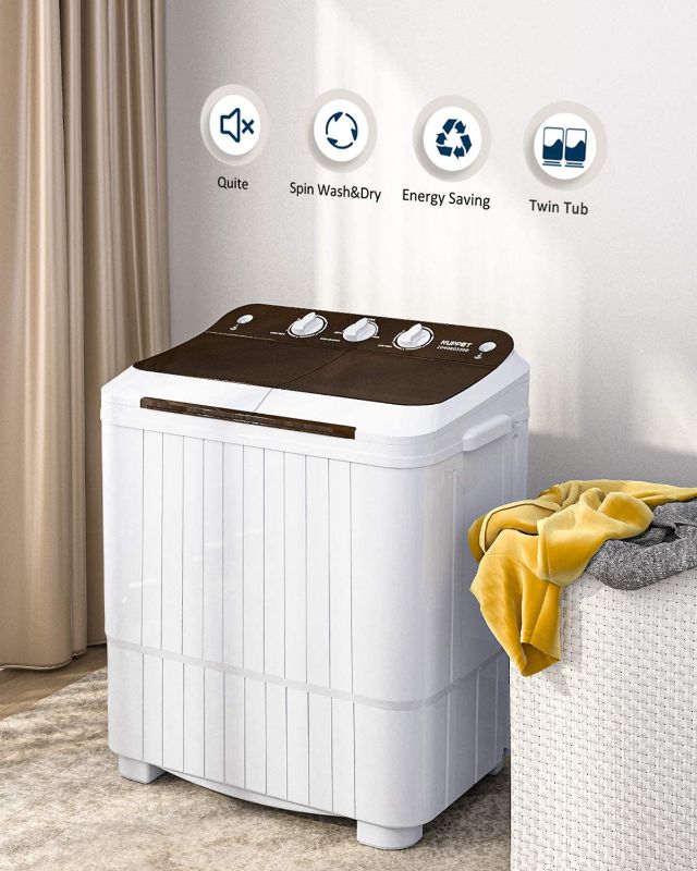 Photo 1 of KUPPET Washing Machine, 16.5lbs Compact Twin Tub Wash&Spin Combo for Apartment, Dorms, RVs, Camping and More, White&Brown
