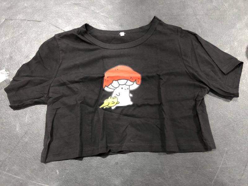 Photo 1 of  Women Mushroom Frog Print Graphic Crop T-Shirt Loose Round Neck Short Sleeve Aesthetic Crop Tee Shirt Top size s
