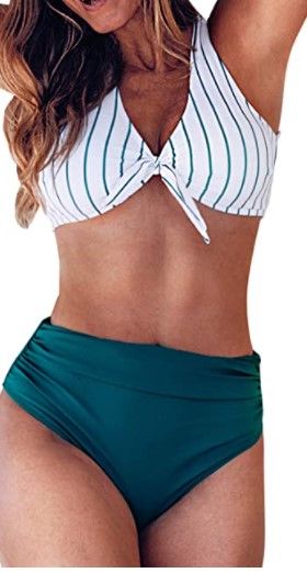 Photo 1 of CUPSHE Women's Teal Solid Striped Shirring High Waisted Bikini Sets size L
