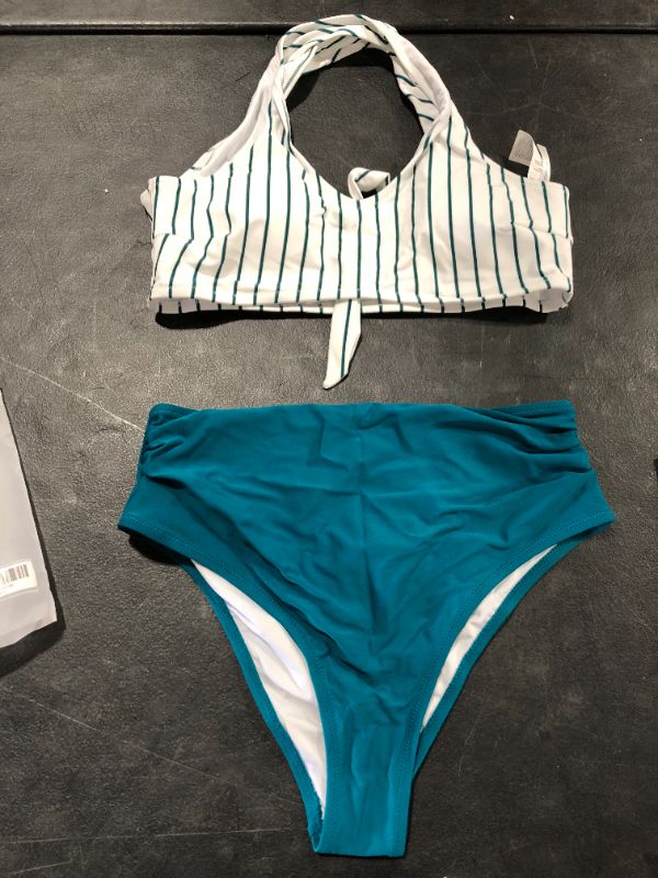 Photo 2 of CUPSHE Women's Teal Solid Striped Shirring High Waisted Bikini Sets size L
