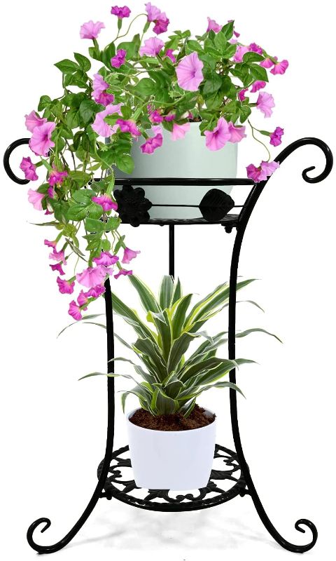 Photo 1 of 2 Tier Metal Plant Stand, Plant Stands for Indoor Plants Tall 25.6 Inch Modern Design Plant Shelf Black Plant Stand Indoor/outdoor for Patio, Lawn & Garden
