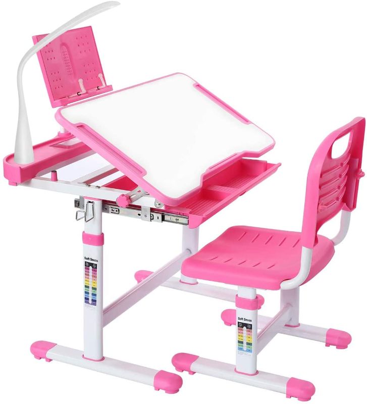 Photo 1 of Kids Desk and Chair Set, Height Adjustable Children Study Table with Led Light, Bookstand, Wood Tiltable Anti-Reflective Tabletop, Portable Tilted 0-60° Table Top, for School 3-18 Boys & Girls (Pink)