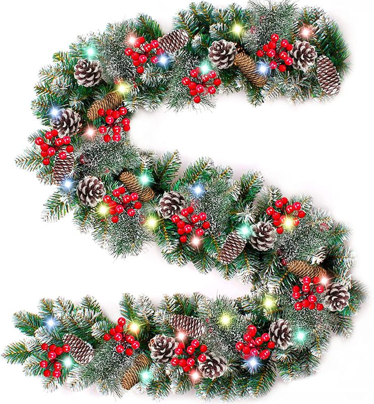 Photo 1 of 9 Ft 100LED Prelit Artificial Christmas Garland Lights Timer 8 Modes Battery Operated Snowy Bristle Pinecone Berry Xmas Garland Christmas Decoration Mantle Fireplace Indoor Outdoor Home