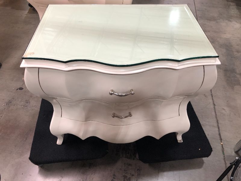 Photo 1 of WHITE GLASS TOP 2 DRAWER ENDTABLE, DIFFERS FROM STOCK PHOTO, HEIGHT 31 INCHES, WIDTH 36 INCHES