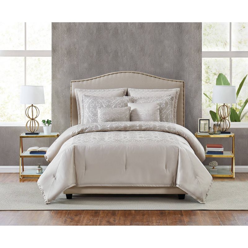 Photo 1 of Queen 5th Avenue Lux Riverton 7 Piece Golden Queen Comforter Set Beige Brown, Includes: 2 Decorative Pillows, 2 Euro Shams, Comforter, 2 Shams
This traditional top of the bed pattern uses a hotel style layout with a jacquard woven deck framed by embroider