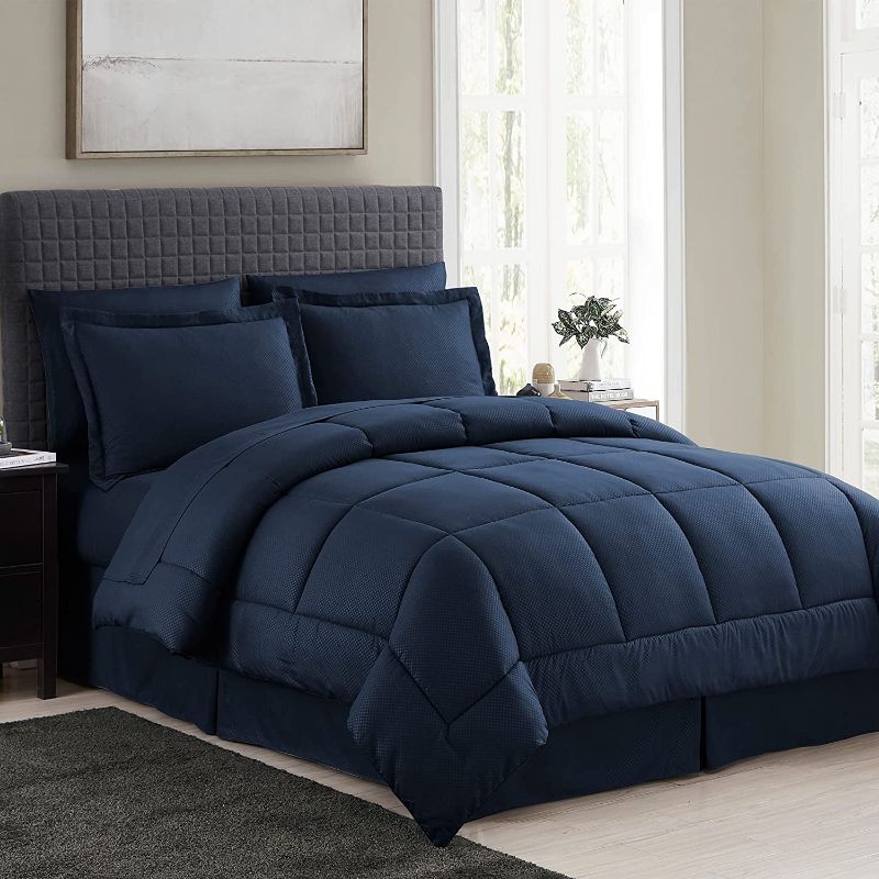 Photo 1 of KING 8 PIECES Sweet Home Collection Bed In A Bag with Dobby Stripe 1 Comforter, 2 Pillowshams, 1 Bedskirt, 1 Flat sheet, 1 Fitted sheet, 2 Pillowcases, KING - Navy