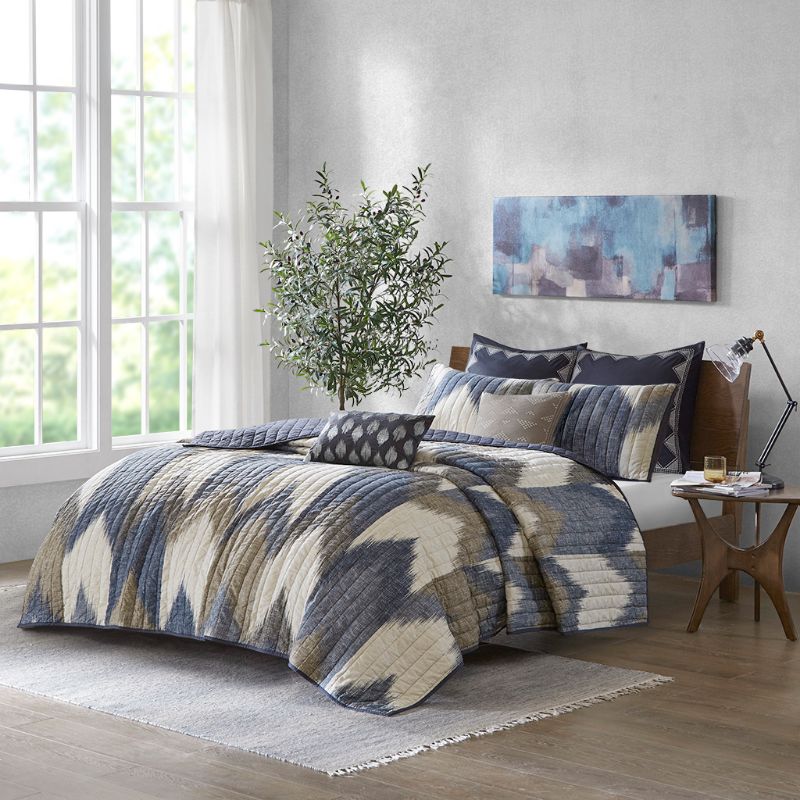 Photo 1 of FULL / QUEEN INK+IVY Alpine 3 Piece Printed Cotton Coverlet Set.  This cotton coverlet set flaunts a sophisticated ikat chevron print on the face with a solid reverse to create a striking modern and elegant look. 