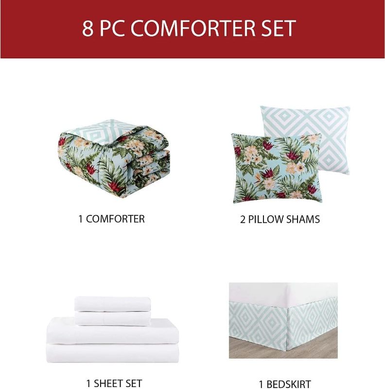 Photo 2 of KING Sirliya 8 PIECE REVERSIBLE Tropical-Print Comforter Set KING. Set includes: King comforter, 2 king shams, 1 king bed skirt, 1 king flat sheet, 
1 king fitted sheet and 2 pillowcases pillowcases. Fabric: Comforter, shams, bed skirt drop and sheets: po