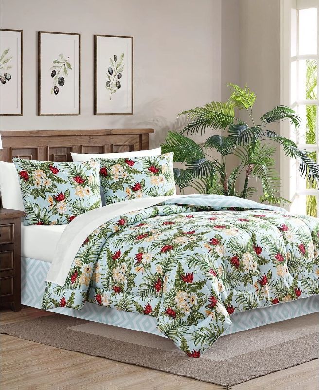 Photo 1 of KING Sirliya 8 PIECE REVERSIBLE Tropical-Print Comforter Set KING. Set includes: King comforter, 2 king shams, 1 king bed skirt, 1 king flat sheet, 
1 king fitted sheet and 2 pillowcases pillowcases. Fabric: Comforter, shams, bed skirt drop and sheets: po