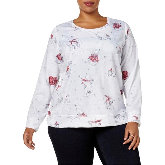 Photo 1 of SIZE 1X Style & Co Women's Plus Size White Red Embellish Polar Bear Graphic Crew Neck Sweater 1X