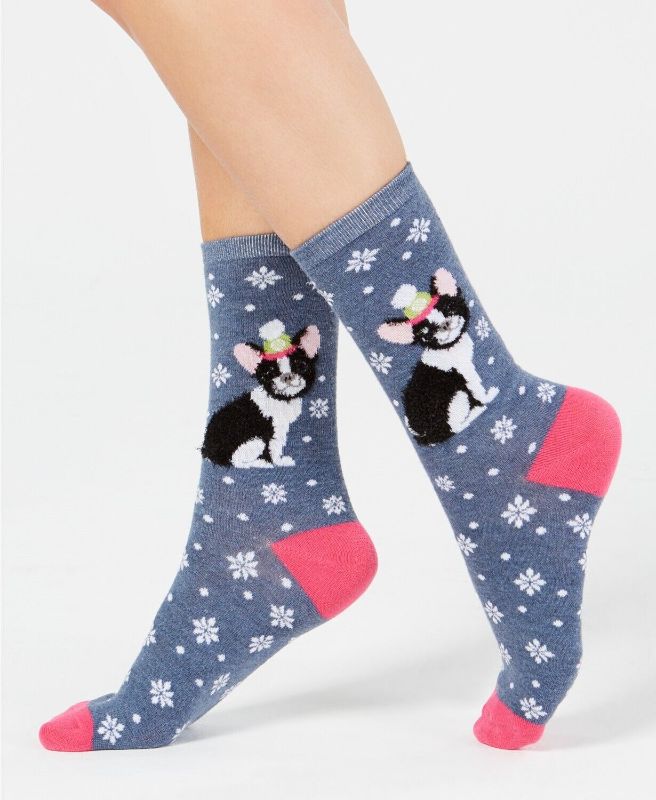 Photo 1 of Charter Club Women's Blue Pink Frenchie Dog Crew Socks