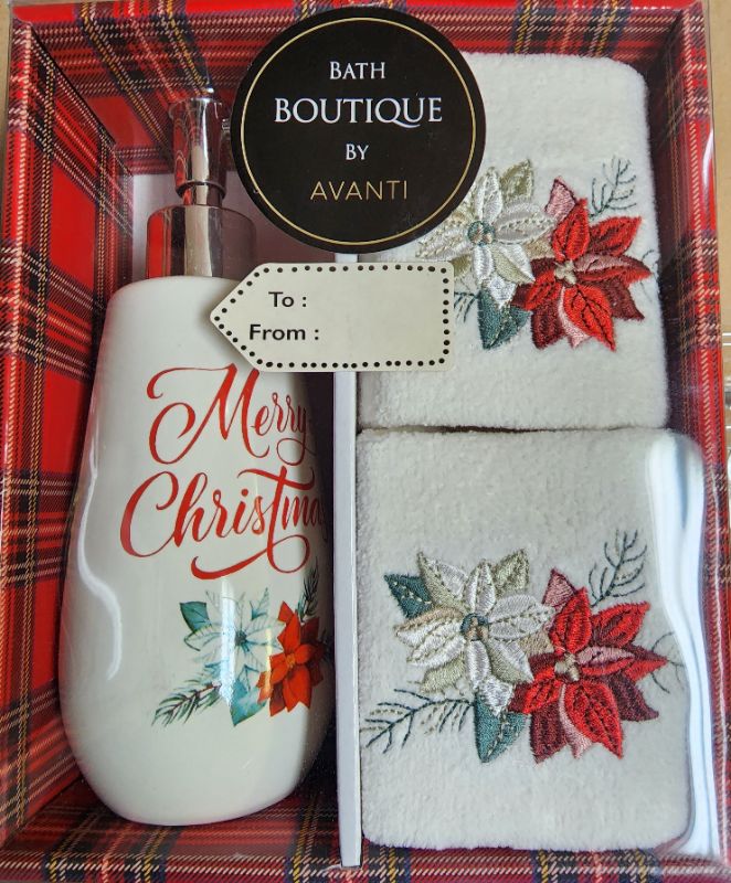 Photo 1 of BATH BOUTIQUE BY AVANTI Poinsettia Towel & Lotion Pump Box Set