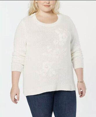 Photo 1 of 1X Style & Co. Women's Plus White Tonal Flower Embroidered Sweater Size 1X