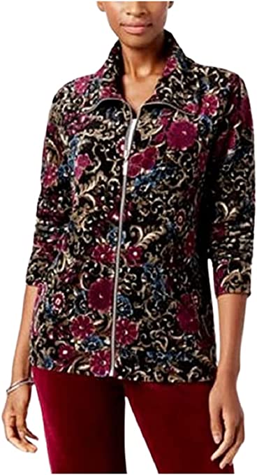 Photo 1 of Karen Scott Women's Petite Printed Wing-Collar Top/ Full Zip, Deep Black, Size Petite Small