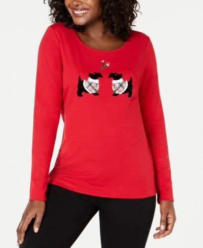 Photo 1 of M Karen Scott Women's Scottie-Dog Mistletoe Top New Red Amore M