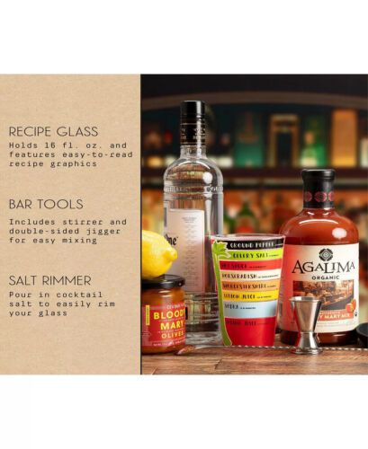 Photo 3 of Bloody Mary Bar 3 Piece Tool Kit + Recipe Glass - Unique recipe glass - never forget how to mix Bloody Mary's again the included drinkware has the recipe printed on the glass in an aesthetically pleasing way that is clear and easy to understand. Set inclu
