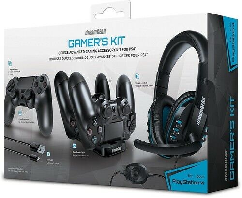Photo 1 of DreamGear 6 PIECE Advanced Gamer's Starter Kit for PlayStation 4. (**CONTROLLERS SOLD SEPARATELY**) The PS4 Gamer's Kit is the perfect addition to any PS4. A dual charging dock, 10 foot charge and sync cable, a headset with crystal clear boom mic, and a p