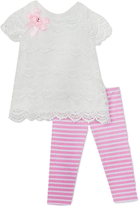 Photo 1 of RARE EDITIONS 6-9M Infant Girls 2 Piece White Lace Shirt & Pink Striped Legging Outfit 6-9M