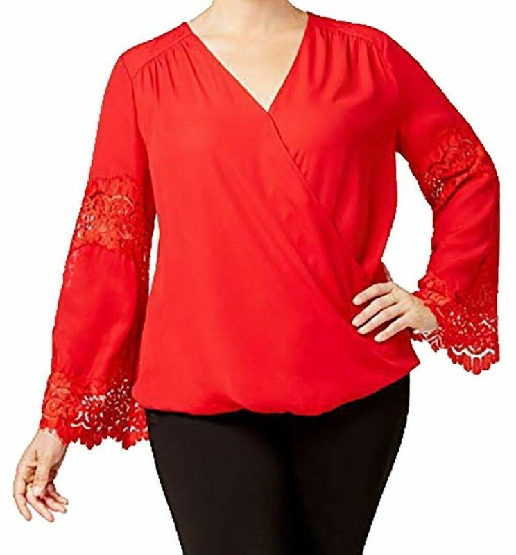 Photo 1 of 0X INC International Concepts women's Plus Size Lace-Inset Surplice Real Red Blouse 0X