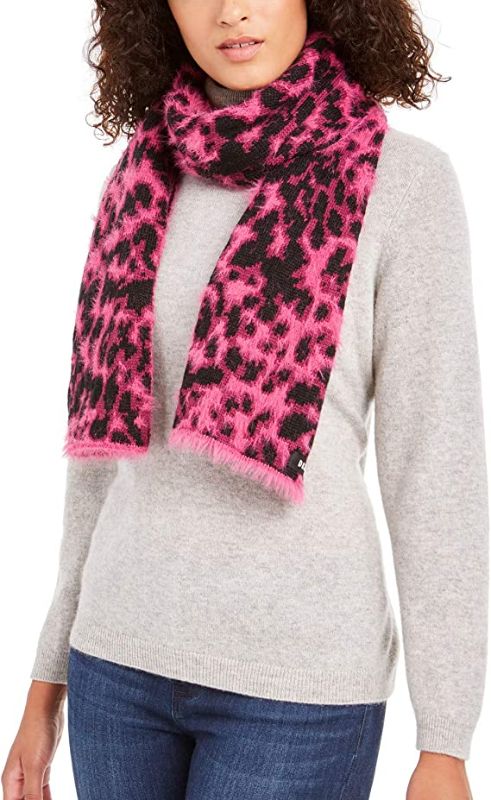 Photo 1 of DKNY Fuzzy Animal Print Knit Scarf Fuschia Pink and Black Leopard NWT