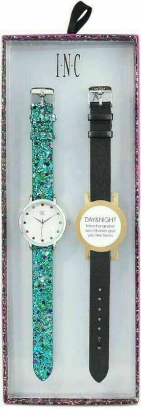 Photo 2 of INC Blue Glitter & Black Faux Leather Interchangeable Strap Watch 36mm Gift Box