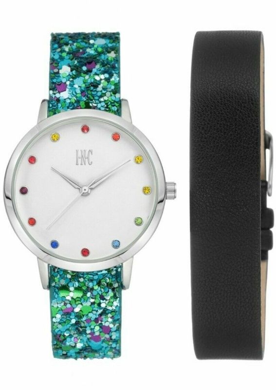 Photo 1 of INC Blue Glitter & Black Faux Leather Interchangeable Strap Watch 36mm Gift Box