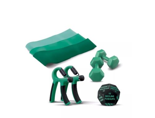 Photo 2 of LOMI Upper Body 8-In-1 Workout Kit, Set of 8. Our fitness kits will help you reach your fitness goals whatever they may be. Set includes - 2 hand grip, 1 12 sided exercise dice, 2 dumbbell and 3 resistance straps. Hand grip strengtheners weight - 22 lbs. 