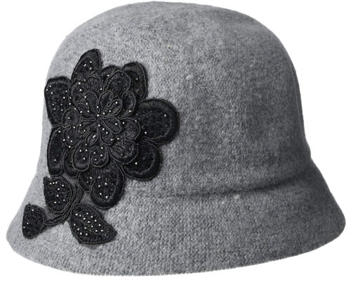 Photo 2 of August Hats Women's OS Cloche Gray Black Floral Applique Melton Hat Wool Blend,  Wool Blend Applique Melton Cloche Hat One Size