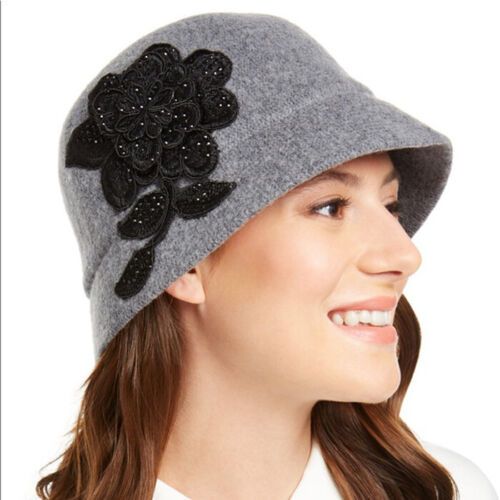 Photo 1 of August Hats Women's OS Cloche Gray Black Floral Applique Melton Hat Wool Blend,  Wool Blend Applique Melton Cloche Hat One Size