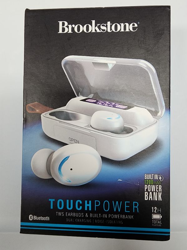 Photo 1 of Touch Power True Wireless Earbuds & Smart Power Bank Case. Complete with a built-in powerband, these earbuds from Brookstone can be taken anywhere for convenient tuning in.