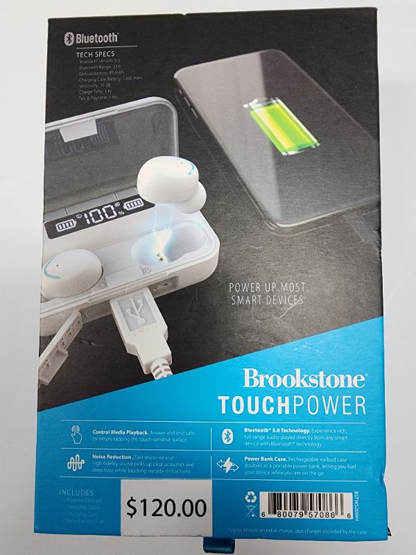 Photo 3 of Touch Power True Wireless Earbuds & Smart Power Bank Case. Complete with a built-in powerband, these earbuds from Brookstone can be taken anywhere for convenient tuning in.