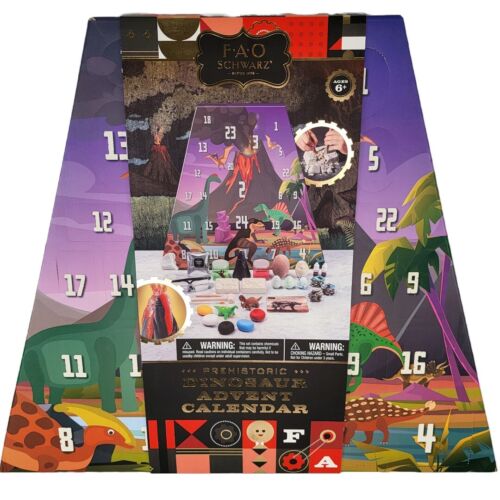 Photo 1 of The FAO Schwartz Dinosaur Advent Calendar features dino themed holiday presents for children during the holiday season. The dinosaur gifts range from fossil excavation, egg hatching, volcano creation, and more!