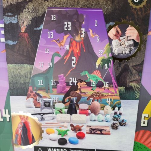 Photo 4 of The FAO Schwartz Dinosaur Advent Calendar features dino themed holiday presents for children during the holiday season. The dinosaur gifts range from fossil excavation, egg hatching, volcano creation, and more!