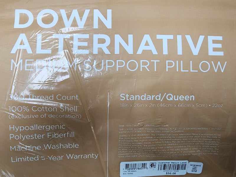 Photo 3 of Charter Club Medium Support Standard Queen Pillow Down Alternative (1) 300 TC Hypoallergenic