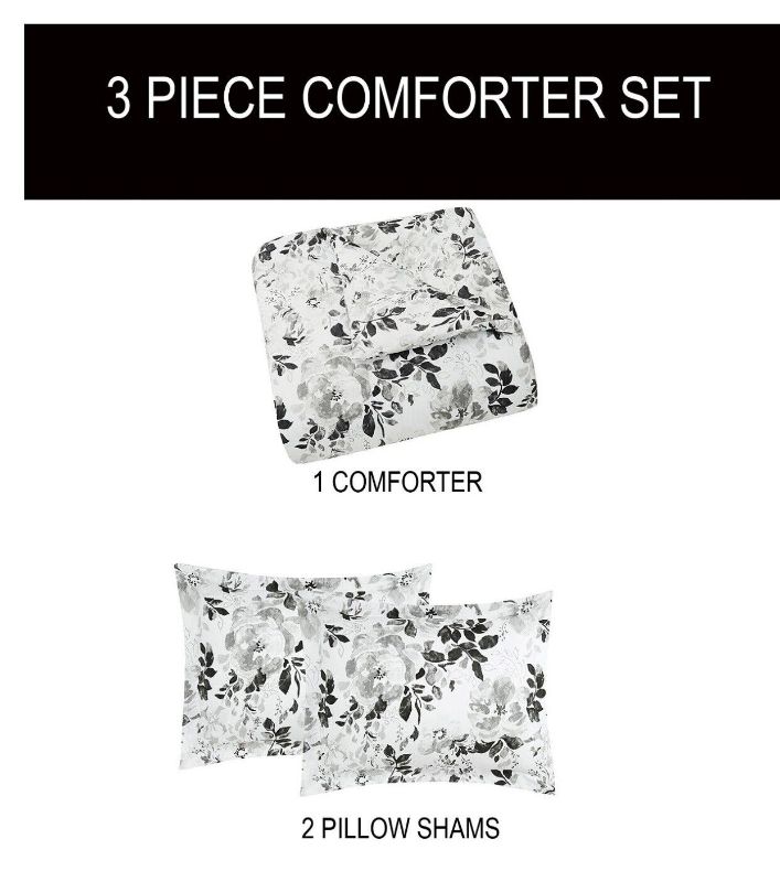 Photo 2 of FULL/QUEEN Monochromatic White/ Black  Reversible Floral Print Comforter + Sham Set