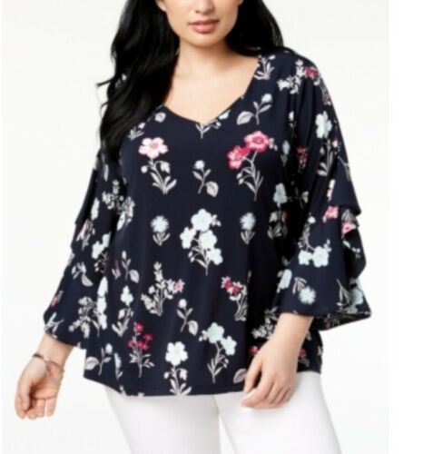 Photo 1 of SIZE 1X Charter Club Women's Plus Size Ruffled Bell-Sleeve Blouse (1X, Intrepid Blue)