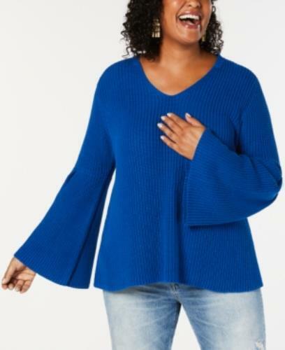 Photo 1 of PLUS SIZE 3X Style & Co Women's Sweater Vneck 3/4 Bell Sleeve Pullover Blue