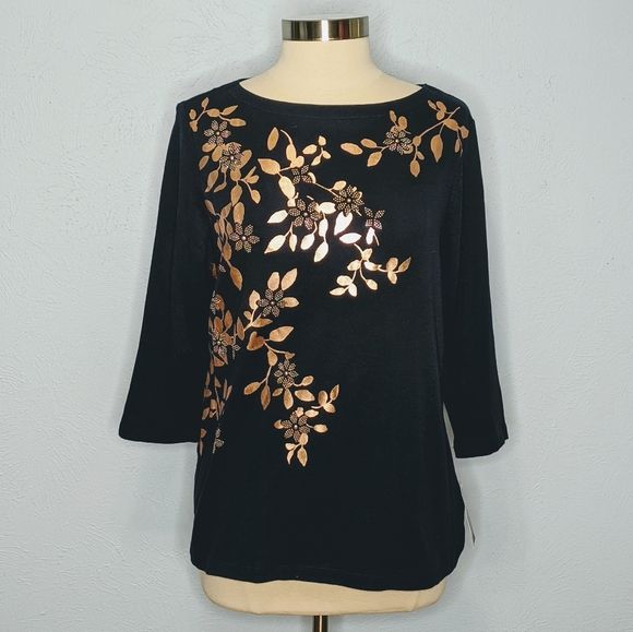 Photo 1 of PLUS SIZE 3X Karen Scott Women's Navy Foil Leaf Floral Print Top