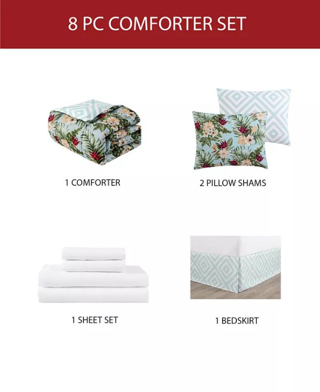 Photo 2 of KING HALLMART COLLECTIBLES 8 PIECE Sirliya Reversible Tropical-Print Comforter Set
Includes: Reversible comforter, 2 reversible king shams , bedskirt and 4 piece sheet set