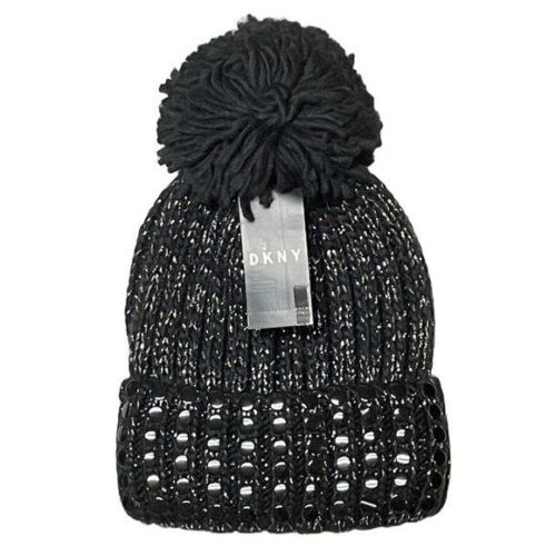 Photo 1 of DKNY Flat Stud Metallic Rib Knit Pom Pom Beanie