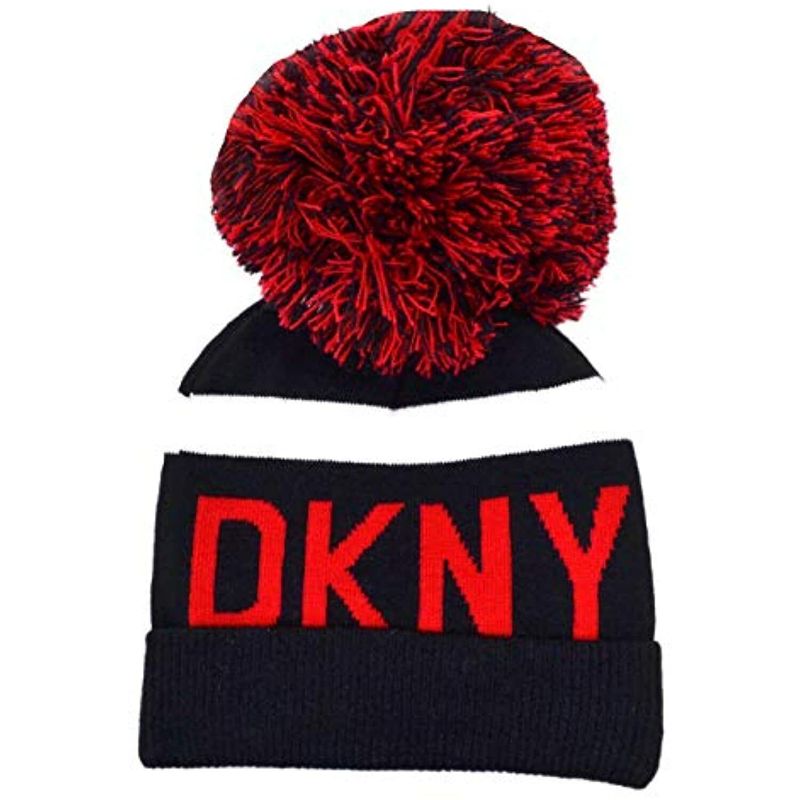 Photo 1 of DKNY logo stadium pom pom women's beanie hat - BLACK / RED
