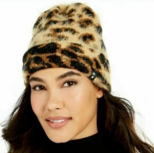 Photo 1 of DKNY Leopard Fuzzy Animal Print Beanie, One Size