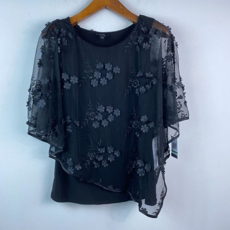 Photo 1 of SIZE M - MSK Women's 3D Floral Applique Overlay Blouse Top Navy 