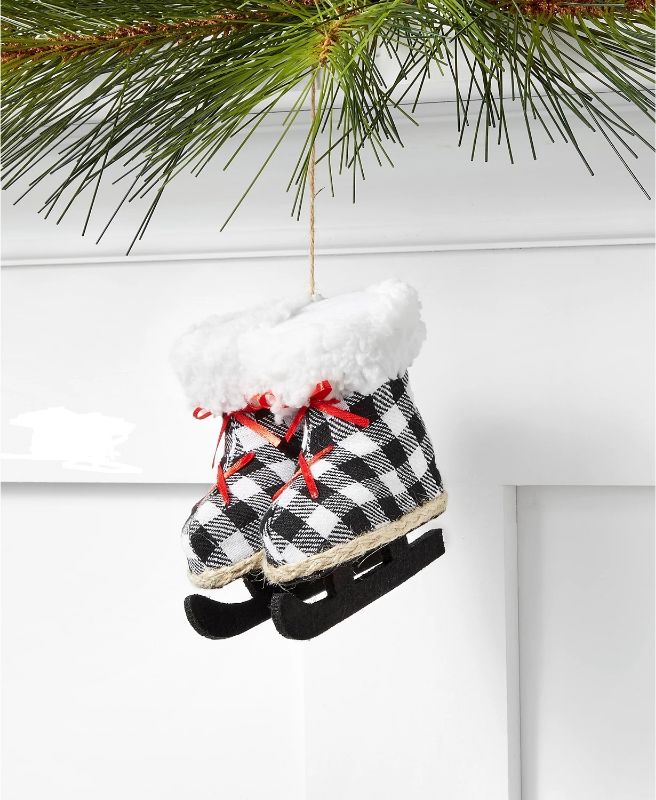 Photo 1 of HOLIDAY LANE Macy’s Skating Boots Christmas Tree Ornament. Holiday Lane The Holiday Collection from Macy's Black Plaid Ice Skates Hanging Ornament
