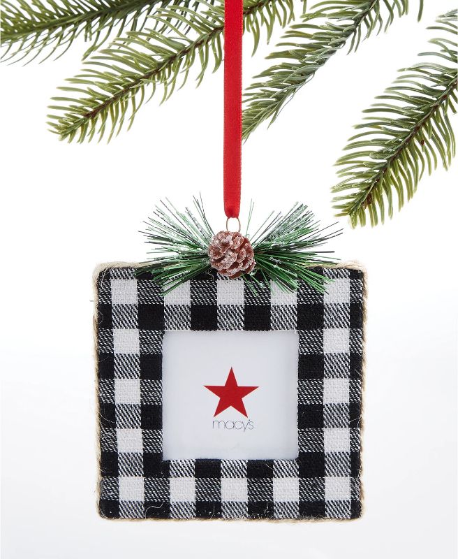 Photo 1 of Macy's Holiday Lane Macy’s Picture Frame Christmas Tree Ornament, Black and white plaid.
