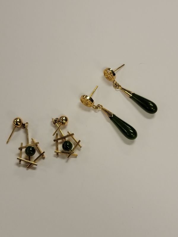 Photo 3 of 2 Pair of Jade Earrings 14K Gold Plated