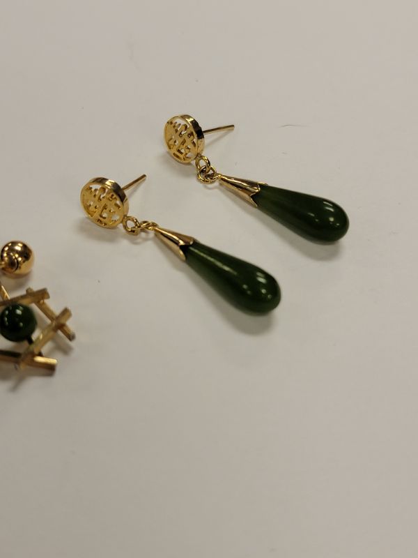 Photo 1 of 2 Pair of Jade Earrings 14K Gold Plated