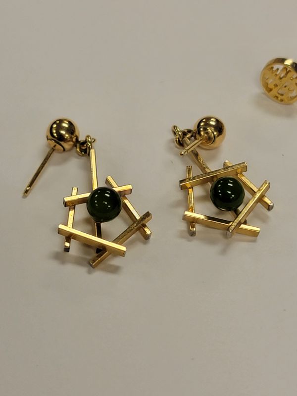 Photo 2 of 2 Pair of Jade Earrings 14K Gold Plated